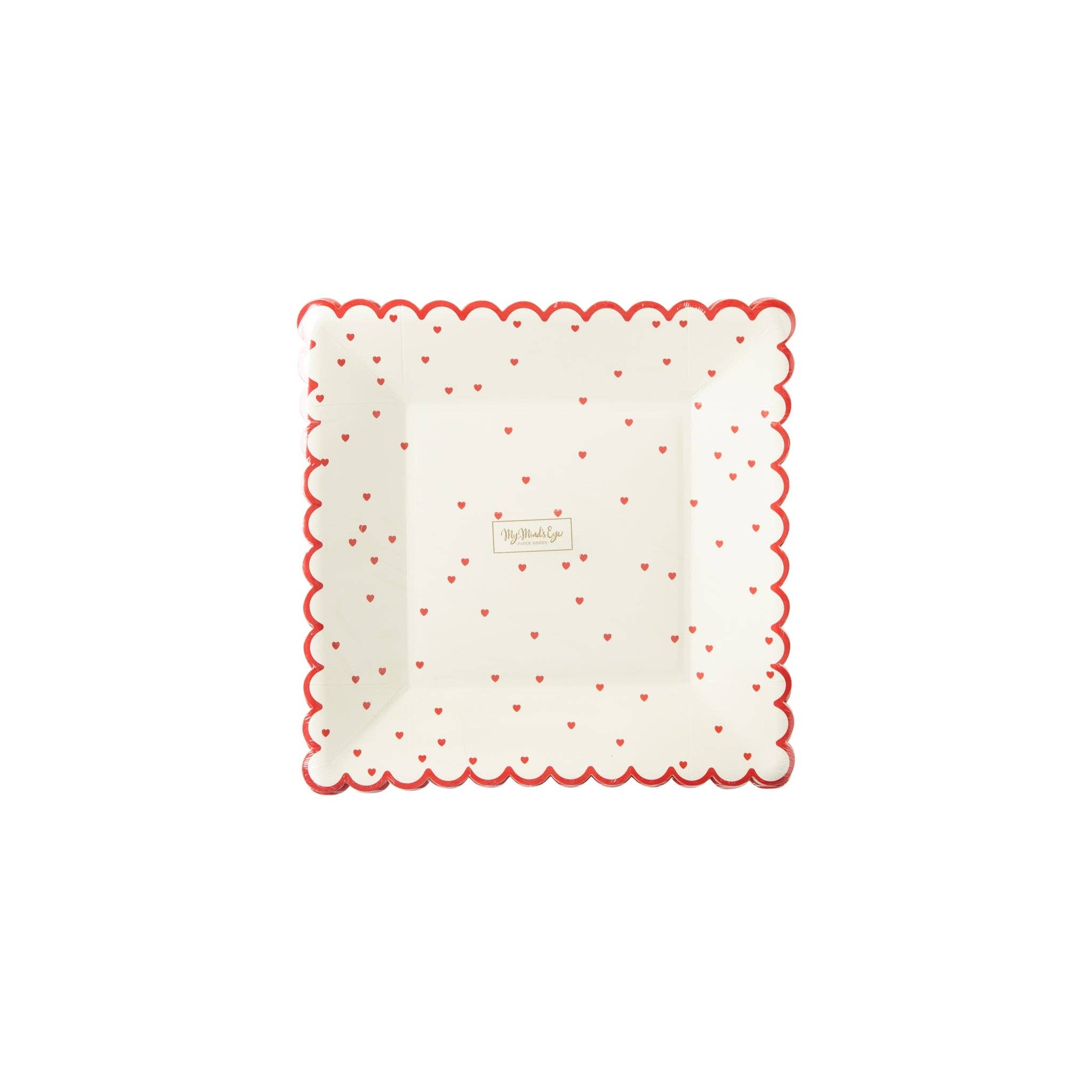 Red Scattered Hearts Scalloped Square Plate (8 Count)