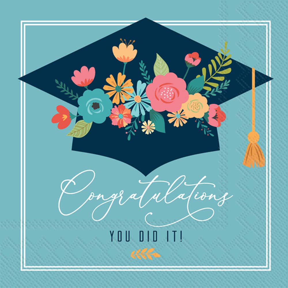 Floral Graduation Cap Paper Beverage Napkin (20 Pk)