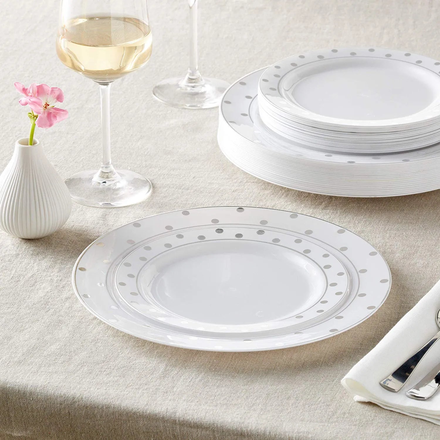 Charming Dots Silver and White Premium Dinnerware Set (40 Count)